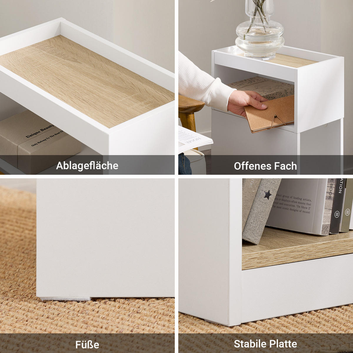 NACHTTISCH mit Seitenablage, Weiß, 20x35x60cm - Weiß, Holzwerkstoff (20/60/35cm) - SoBuy