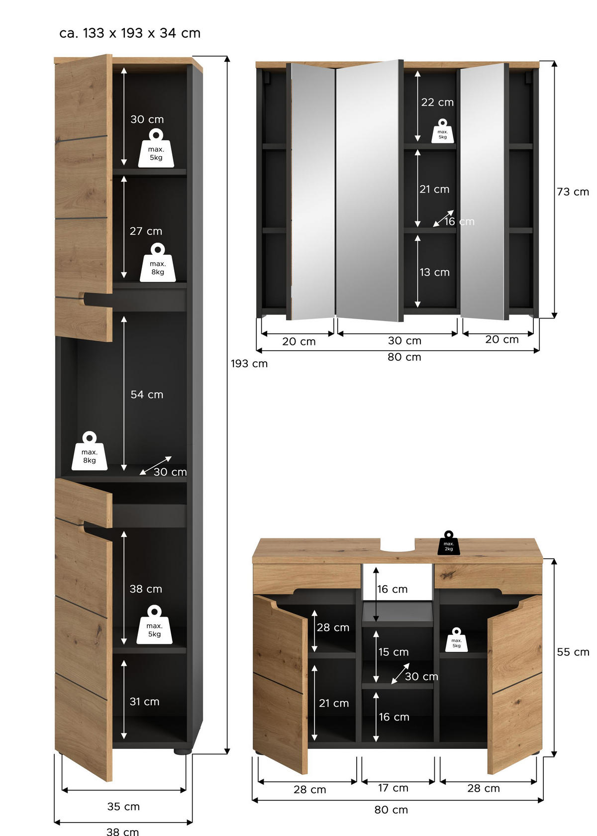 BADMÖBEL Set Canu 3tlg. Bad Kombination (B/H/T: 133x193x34cm) - Eiche Artisan, Holzwerkstoff (133/193/34cm)