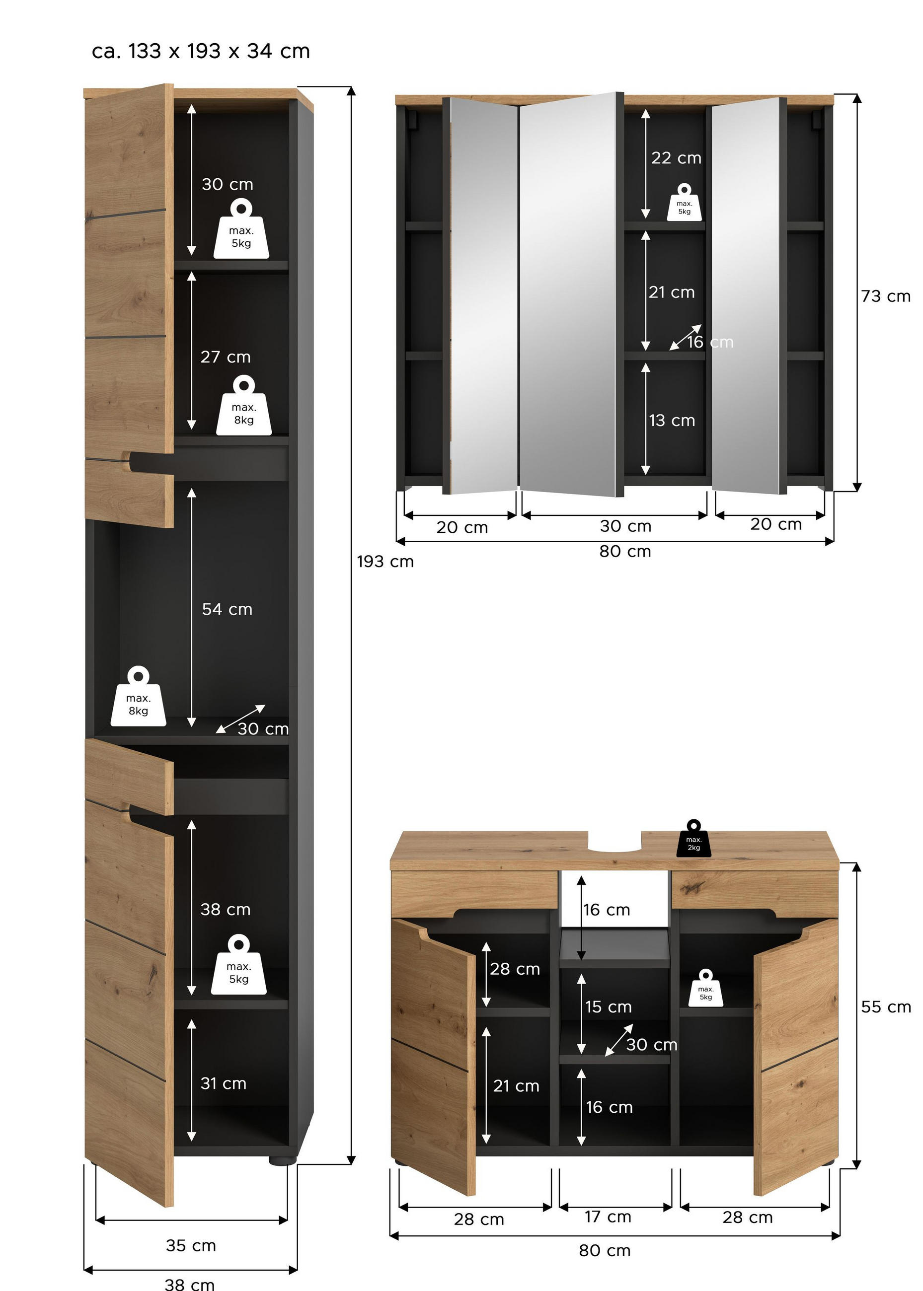 XXXLutz BADKOMBINATION Eiche Artisan 133cm × 34cm × 193cm