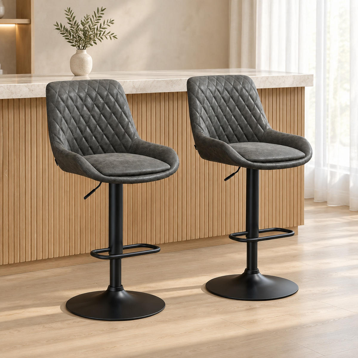 BARHOCKER 2er-Set höhenverstellbar mit Rückenlehne und Fußstütze - Dunkelgrau, Leder (59/117/51cm) - MIVRAY