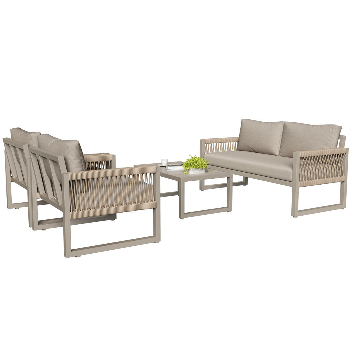 GARTEN-LOUNGE-SET Seil Khaki 4er-Set - Beige, Metall - ComfortXL