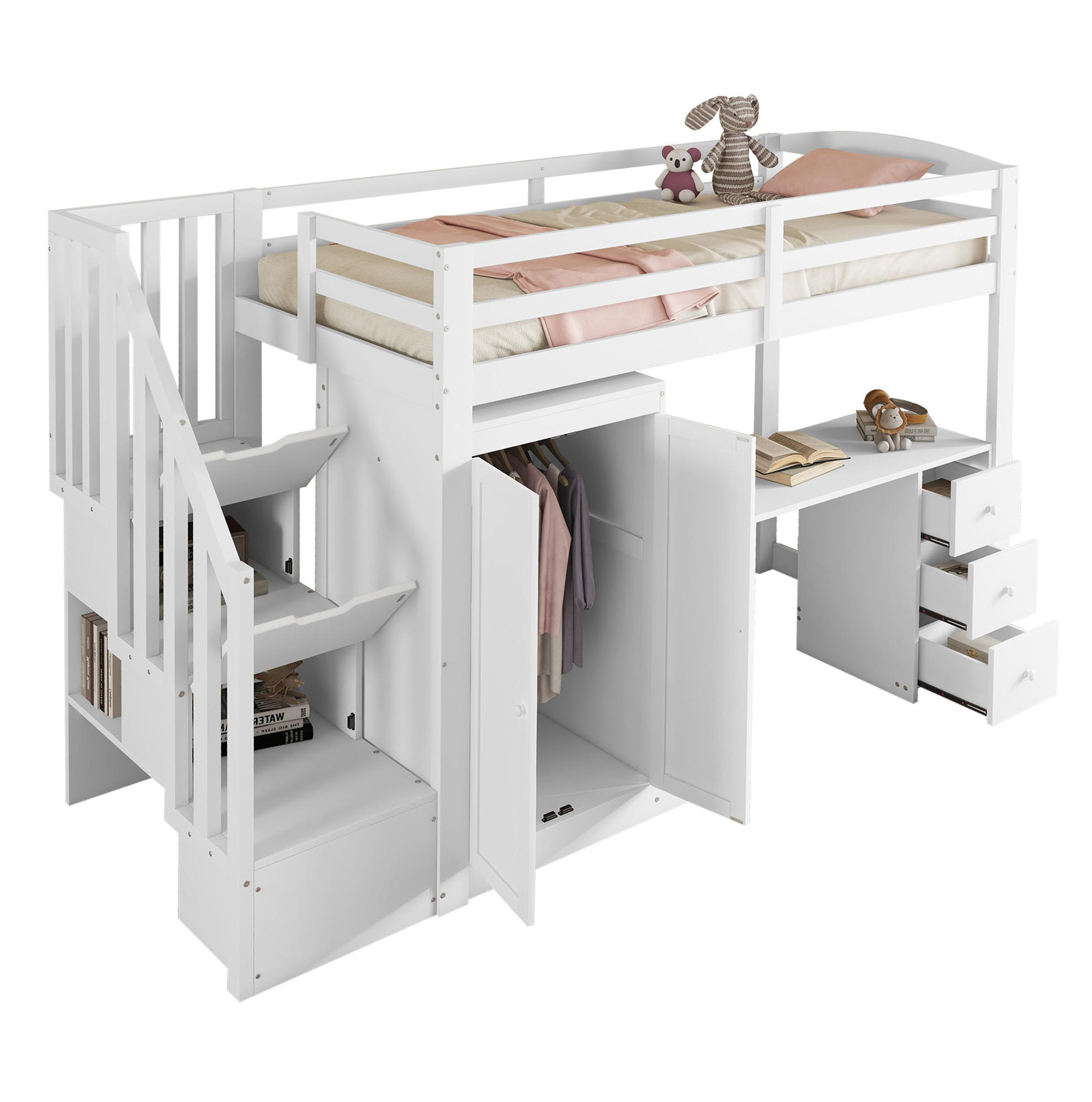 HOCHBETT 90/200 cm in Weiß mit Schreibtisch, Kleiderschrank und Stauraumtreppe - Weiß, Holzwerkstoff (90/200cm) - Flora Grace