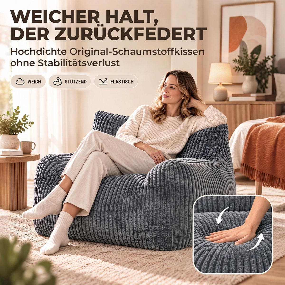 BODENSESSEL Cord Schaumstoff Grau - Grau, Textil (107/71/115cm) - HOMCOM