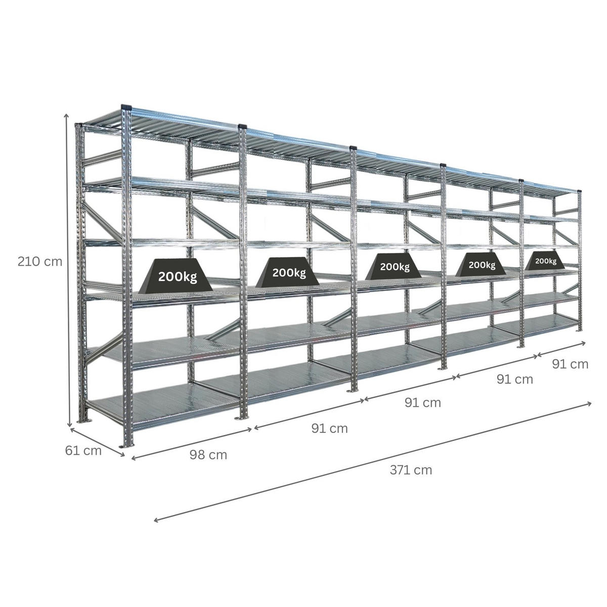FACHBODENREGAL Proximo Stecksystem 210x450x60cm 6 Ebenen Beidseitig nutzbar Verzinkt - Silberfarben, Metall (450/210/60cm) - PROREGAL