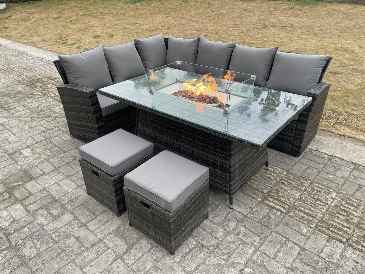 GARTENSOFA SET linke Ecke Polyrattan 8-Sitzer - Dunkelgrau/Grau, Glas/Kunststoff - Fimous