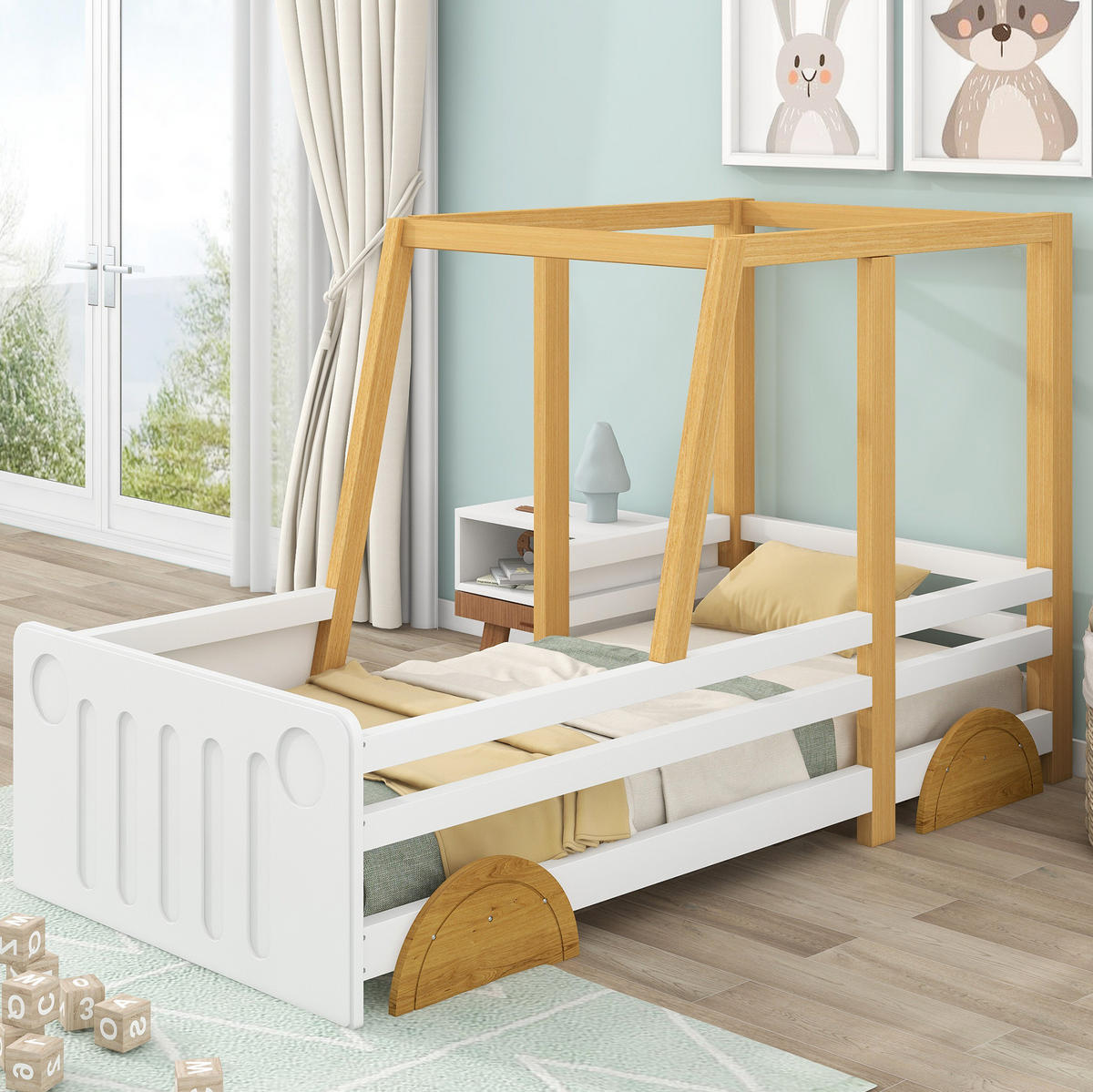 DETSKÁ posteľ 90/200 cm biela s prírodnou a hnedou z masívneho dreva a MDF v tvare auta s ochrannými zábranami - biela, drevo (90/200cm) - OKWISH