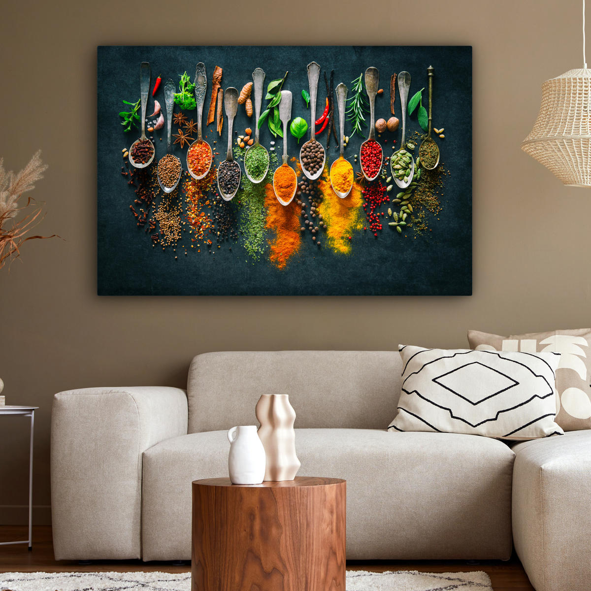 LEINWANDBILD Kräuter - Gewürze - Löffel XXL 150x100 cm - Currygelb, Textil (150/100cm) - MuchoWow