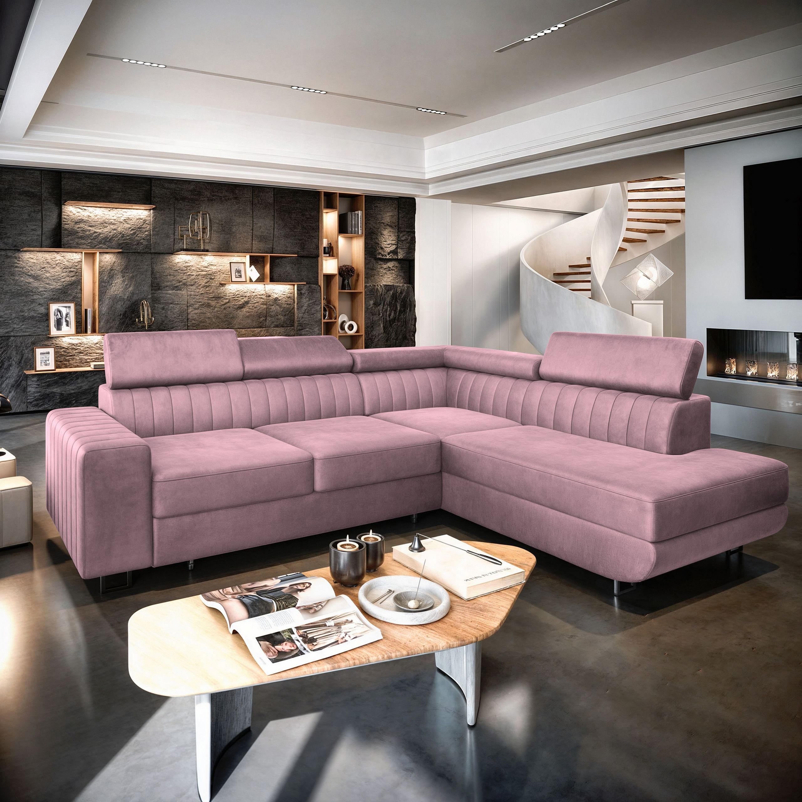 ECKSOFA NOLA R-S Lila Velours-Stoff mit Schlaffunktion - Lila, Holz (253/190cm) - MASSENO