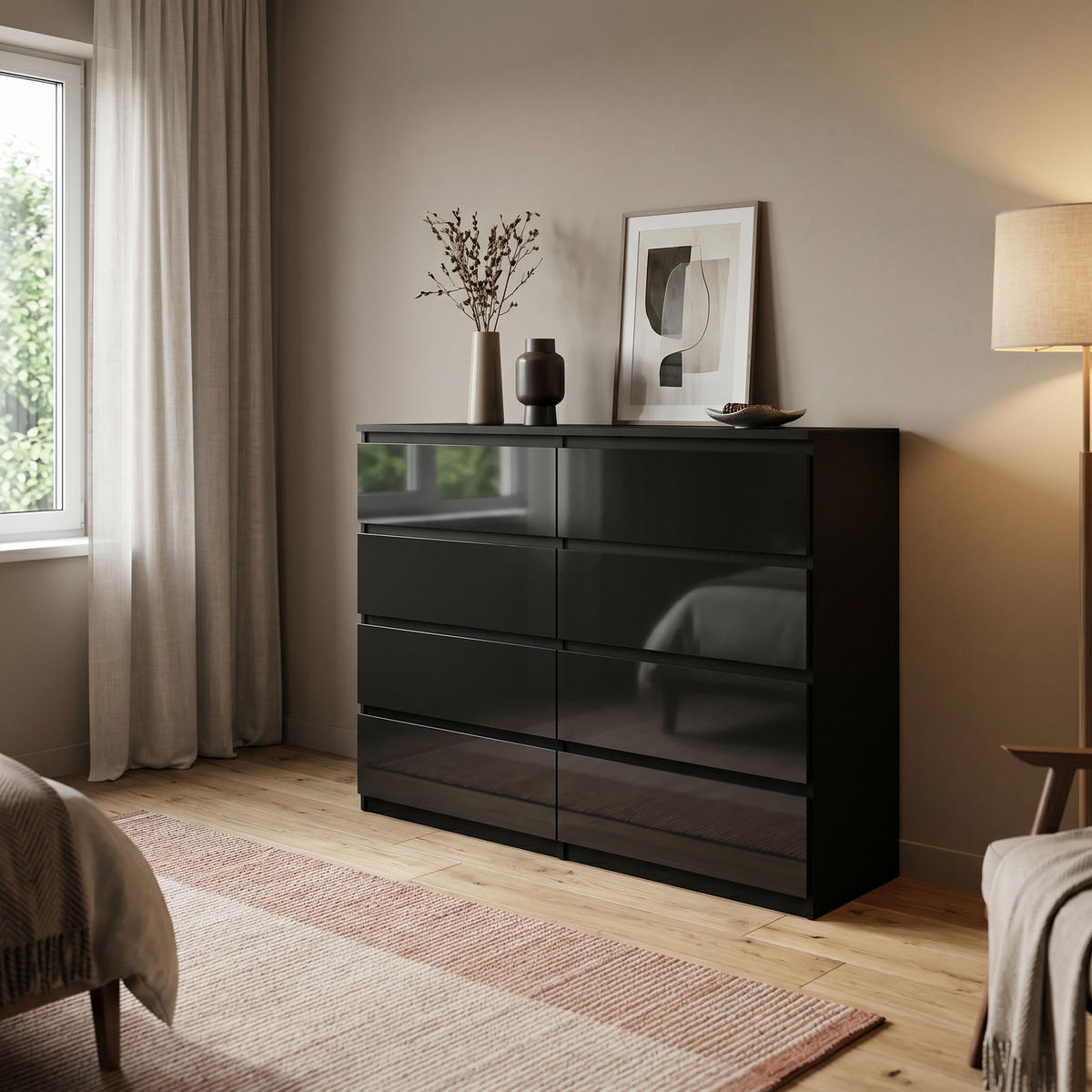 KOMMODE NUDO 120/101,5/39cm mit 8 Schubladen Türen Schwarz - Schwarz Hochglanz/Schwarz, Holzwerkstoff (120/101.5/39cm) - MASSENO