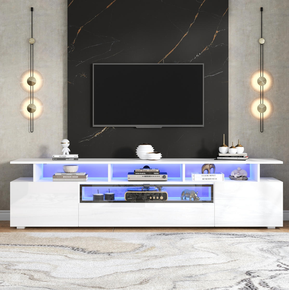 TV-LOWBOARD aus Spanplatte 180x38x45 cm Weiß mit LED-Beleuchtung, 2 Schränken und 1 Schublade - Weiß, Holzwerkstoff (180/45/38cm) - IVMEU