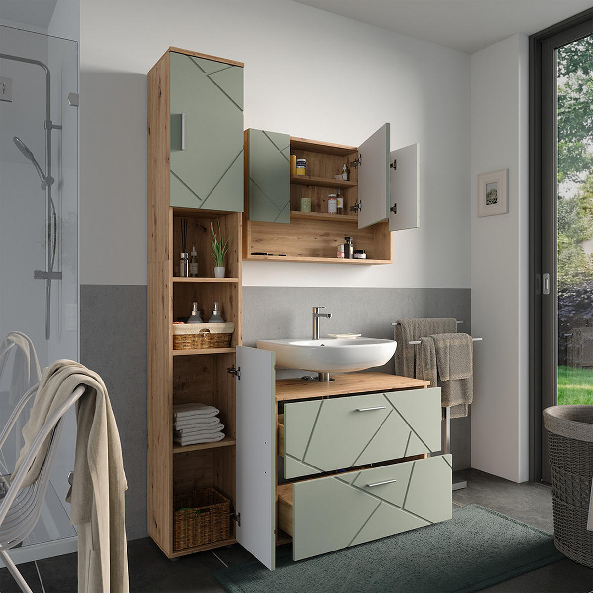 BADMÖBEL-SET Irma Salbeigrün 3 Teile - Salbeigrün, Holzwerkstoff (80/58.6/41cm) - Vicco