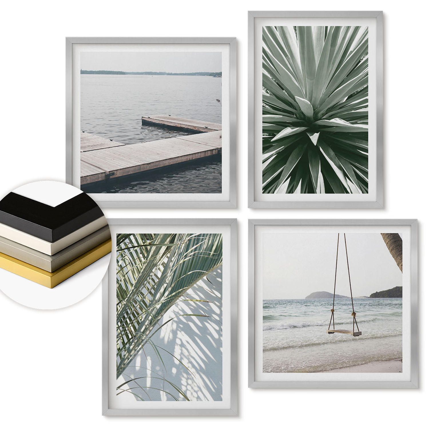 WANDBILDER 4er Set - 50x50 cm & 40x60 cm Silberner Rahmen - Hängebrücke aus Palmenblättern - Silberfarben, Kunststoff (50/50cm) - ArtPrintCave