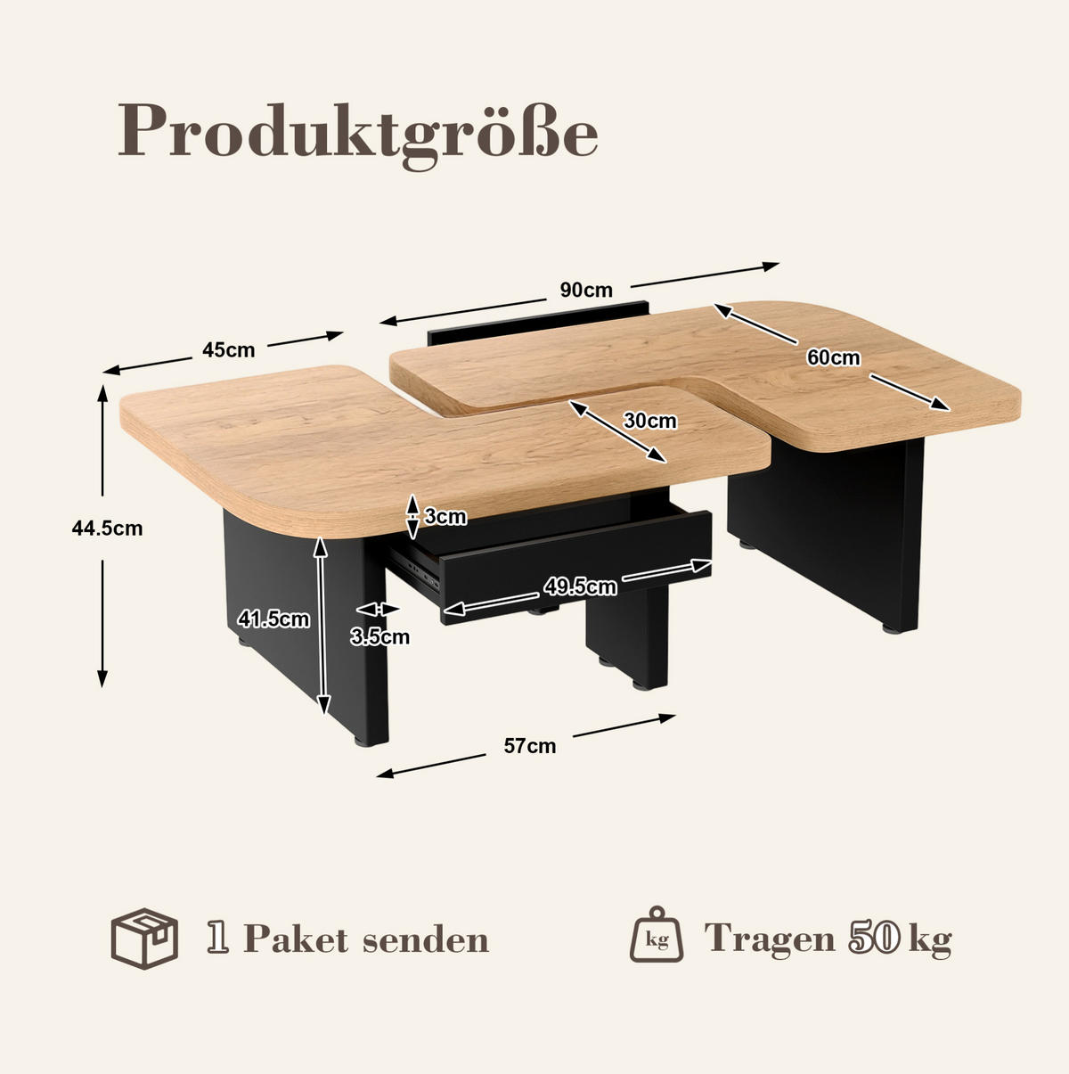COUCHTISCH 90/60/44,5 cm natur aus MDF mit LED und 2 Schubladen - Naturfarben, Holzwerkstoff (90/60/44.5cm) - OKWISH