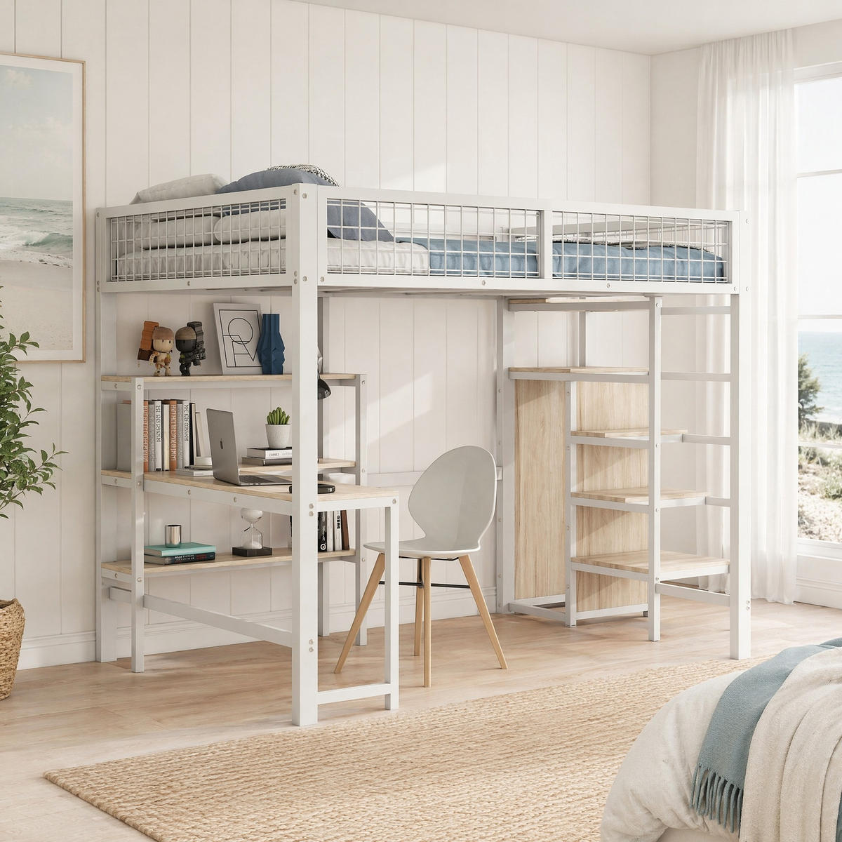 HOCHBETT 140/200 mit Schreibtisch, Regalen und Kleiderschrank in Weiß - Weiß, Holz/Metall (140/200cm) - EVRYAE