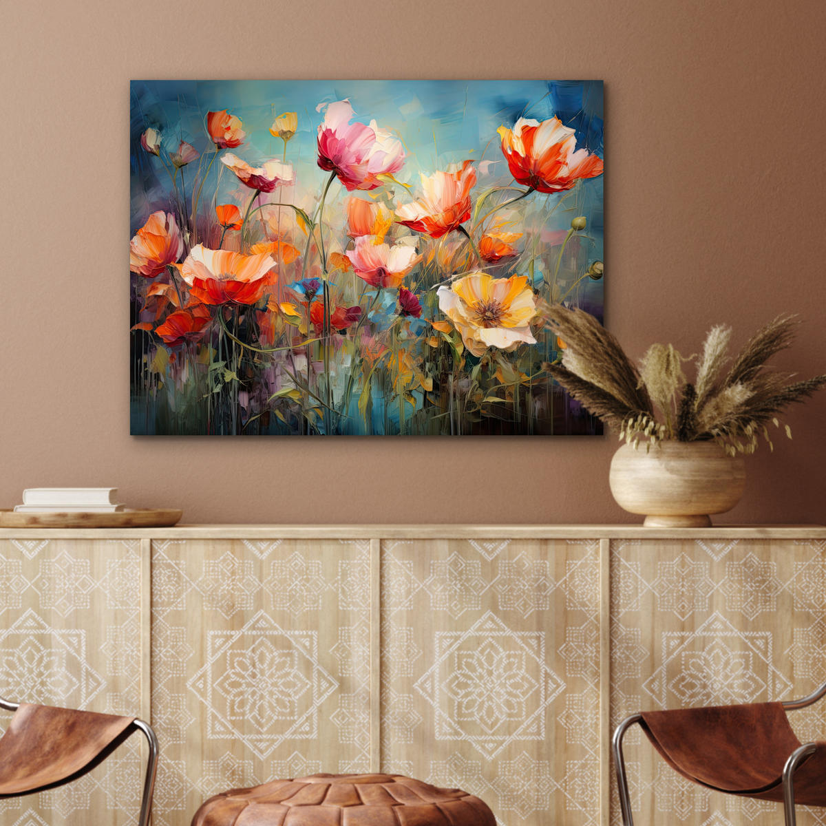 METALLBILD Blumen - Aquarell - Kunst - Botanisch - Natur 80x60 cm - Orange, Metall (80/60cm) - MuchoWow