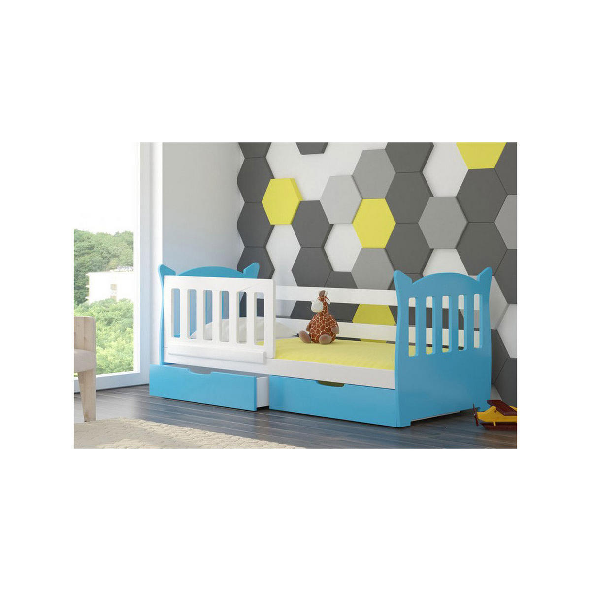 KINDERBETT Lena Kiefer weiß / blau 91 / 165 / 75cm - Blau/Weiß, Holz/Holzwerkstoff (80/160cm) - Feldmann-Wohnen