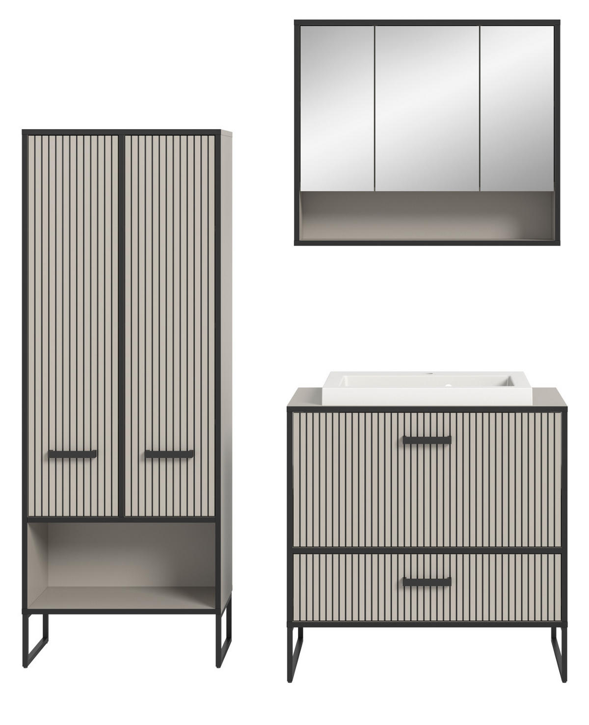 BADMÖBEL-SET schwarz, sand mit Waschbecken 154 cm, Kombination mit Soft-Close - Sandfarben/Schwarz, Glas/Keramik (154/192/48cm) - Inn.Furn