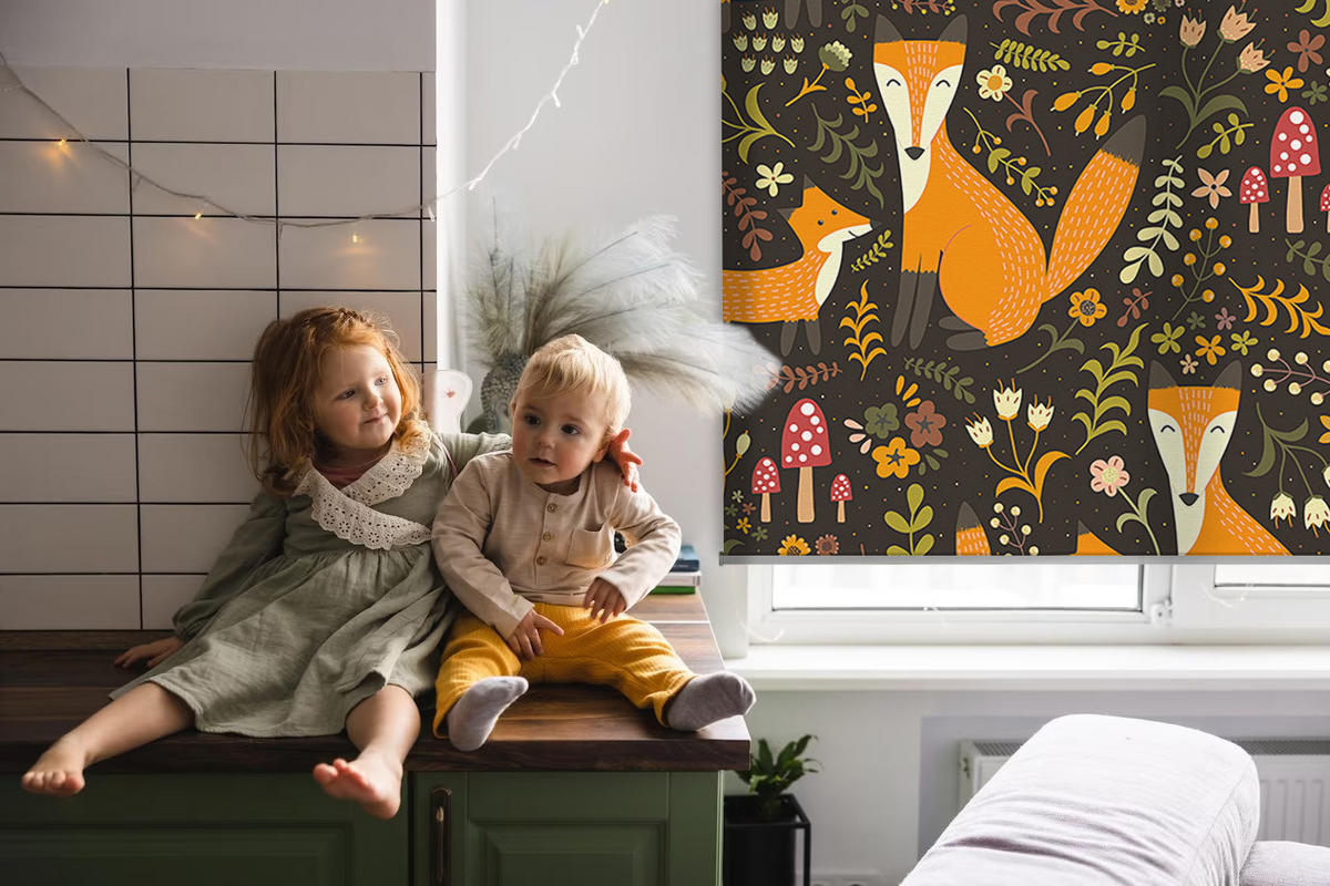 VNÚTORNÁ roleta - okenná roleta - roleta - 100x140 cm - Líšky a rastliny - oranžová, plast (100/140/0.5cm) - TULUP