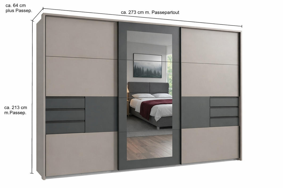 SCHWEBETÜRENSCHRANK 3-türig mit Passepartout, Spiegel, Schubladen, Vollausstattung, Sand Grau mit Absetzungen in Grafit, B273/H213/64 cm / 22508 - Sandfarben/Schwarz, Holzwerkstoff/Metall (273/213/64cm) - luma-home