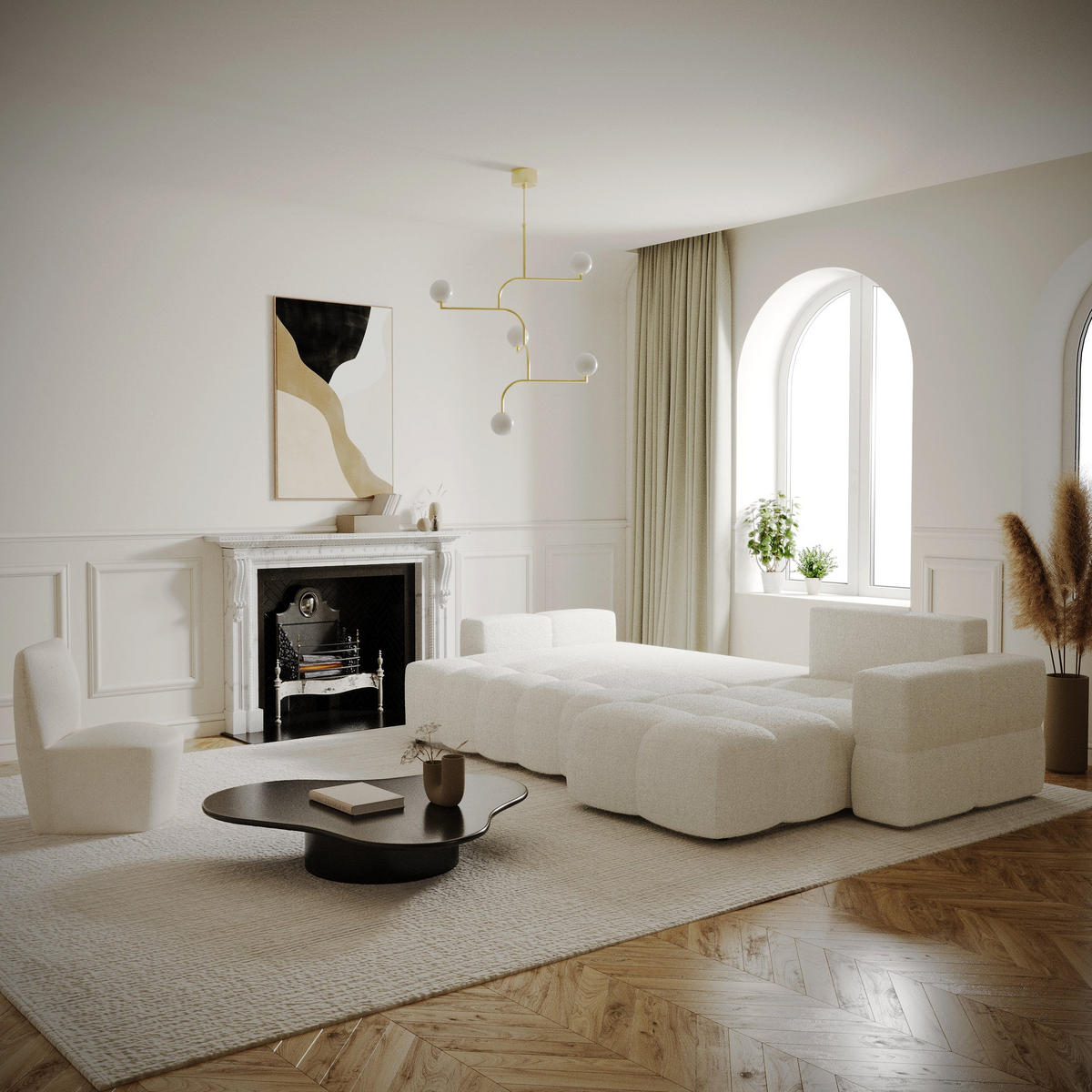 ECKSOFA RECHTS SCHLAFSOFA Mit Stauraum Bouclé creme 286 cm - Creme, Textil (286/169cm) - Sia Home