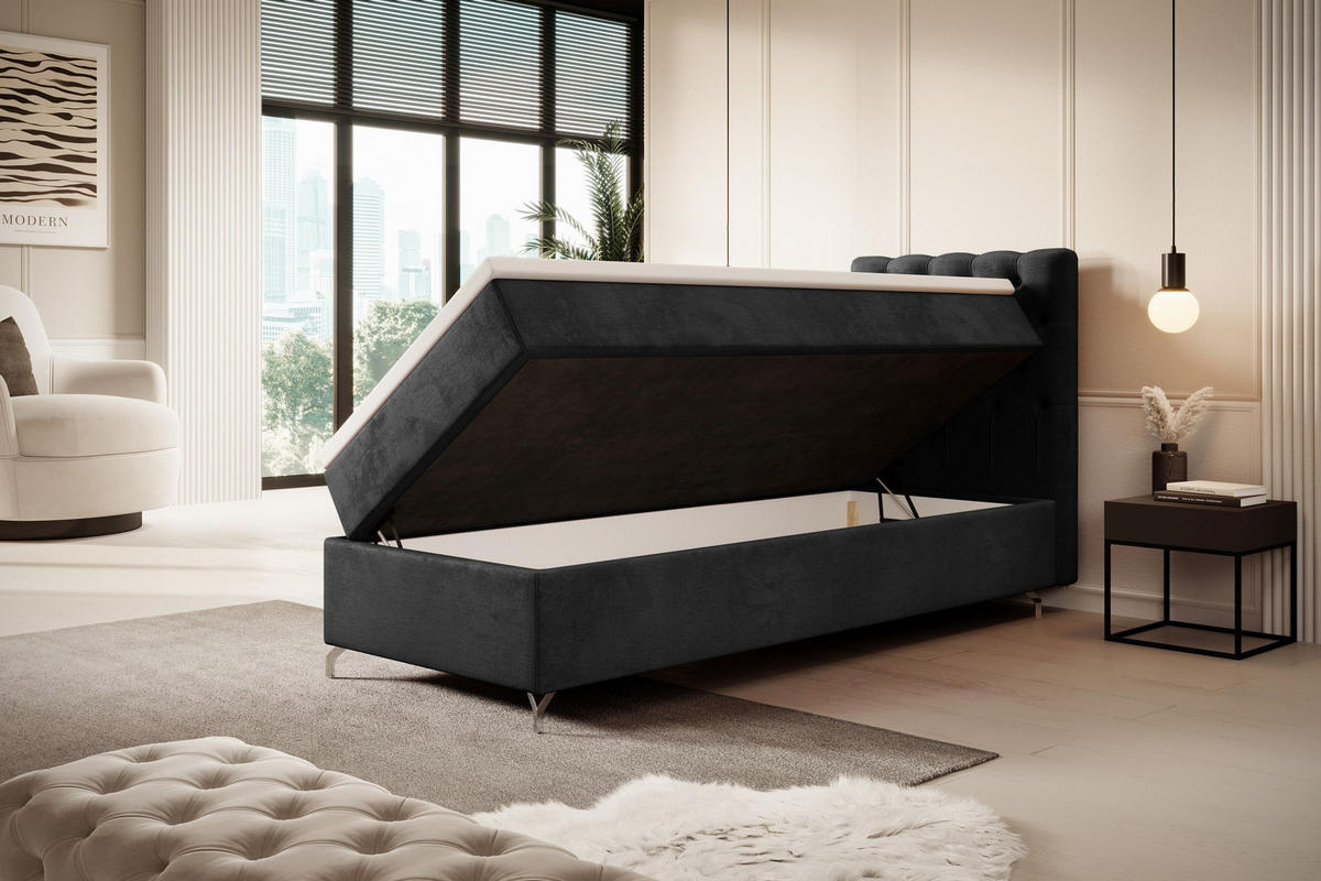 BOXBETT CHESTER mit Matratze H3, Bonell und Topper 90x200 Monolith 97 Rechts - Dunkelgrau, Textil (120/200cm) - Bedante