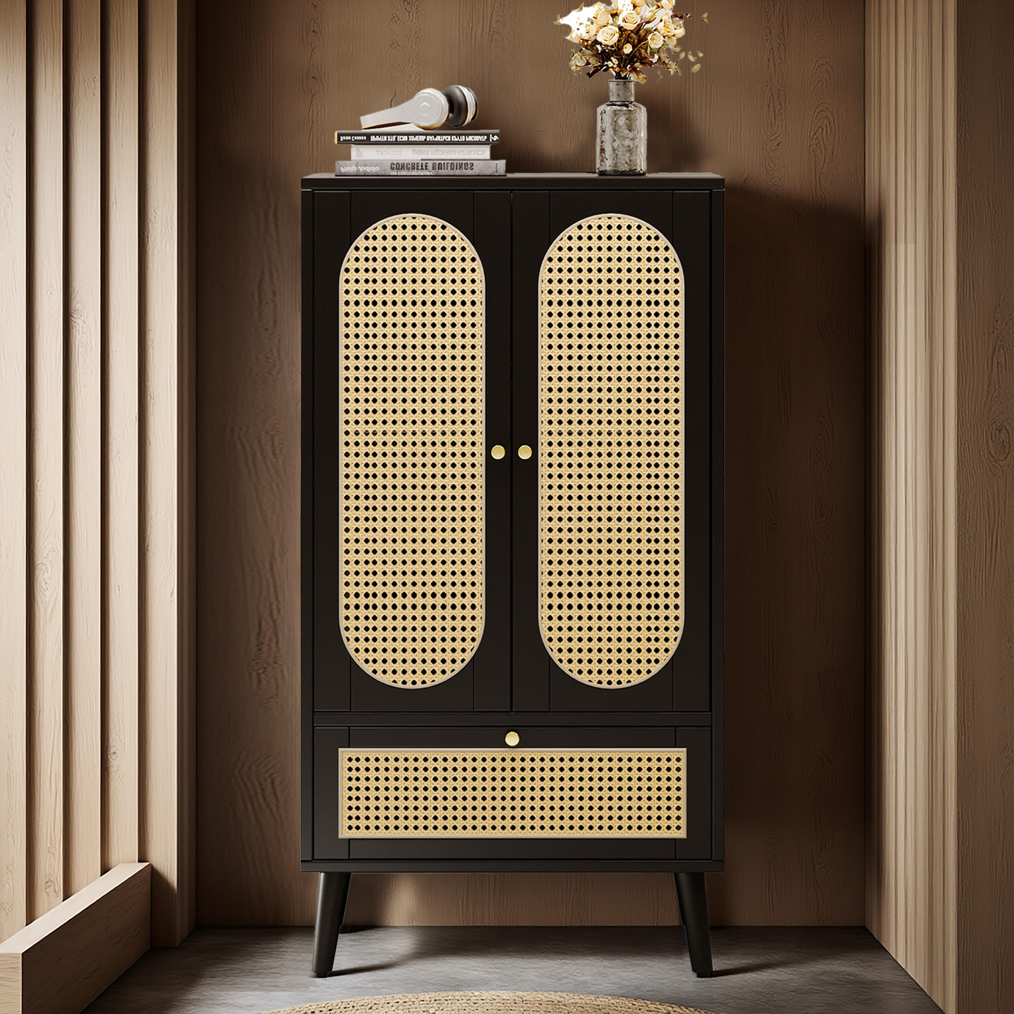 HIGHBOARD Aus Rattan Schwarz 60/40/110,5 cm - Schwarz, Holzwerkstoff/Metall (40/110.5/60cm) - Urban Meuble