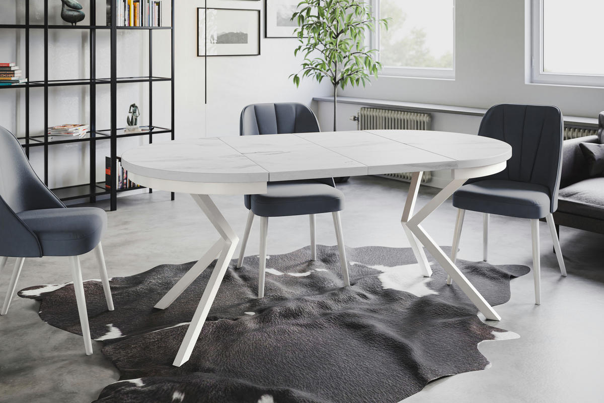 ESSZIMMERTISCH BERGO, ausziehbarer Tisch 120 cm/200 cm, Farbe: Marmur, mit Metallbeinen in Farbe Weiß - Hellgrau/Weiß, Holzwerkstoff (120/120/76cm) - Alpi-Möbel