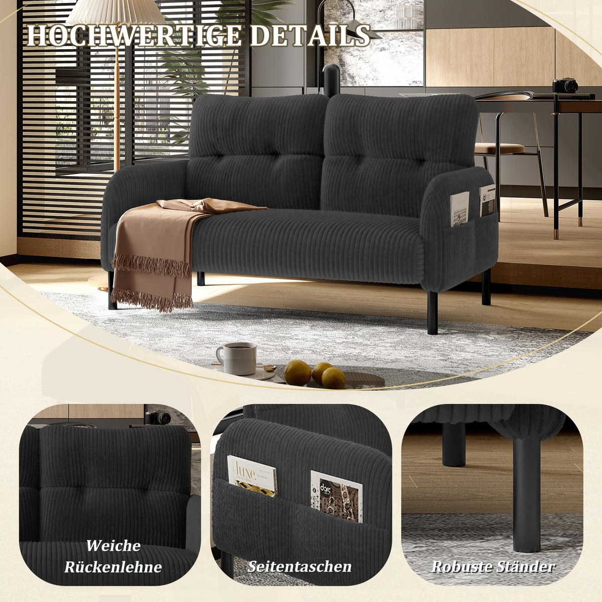 2-SITZER SOFA Cord Grau mit Seitentasche - Grau, Textil/Metall (120/79/75cm) - WISHDOR
