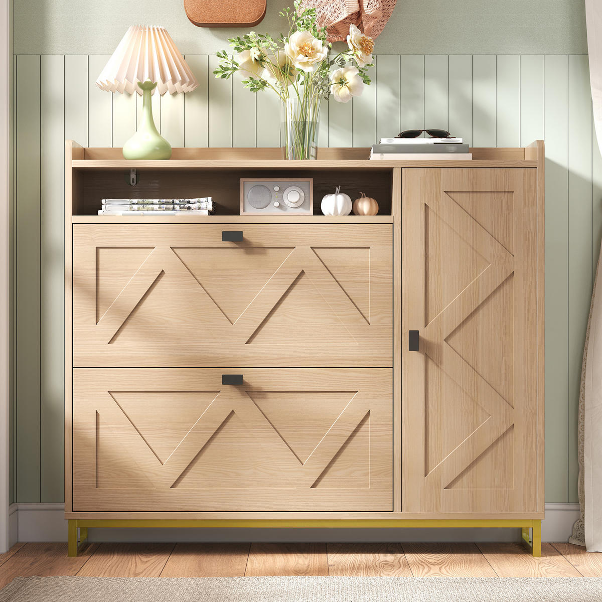 SCHUHSCHRANK Klappfach Seitenschrank Metallgestell - Naturfarben, Holz (110/100/24cm) - LEBENLANG