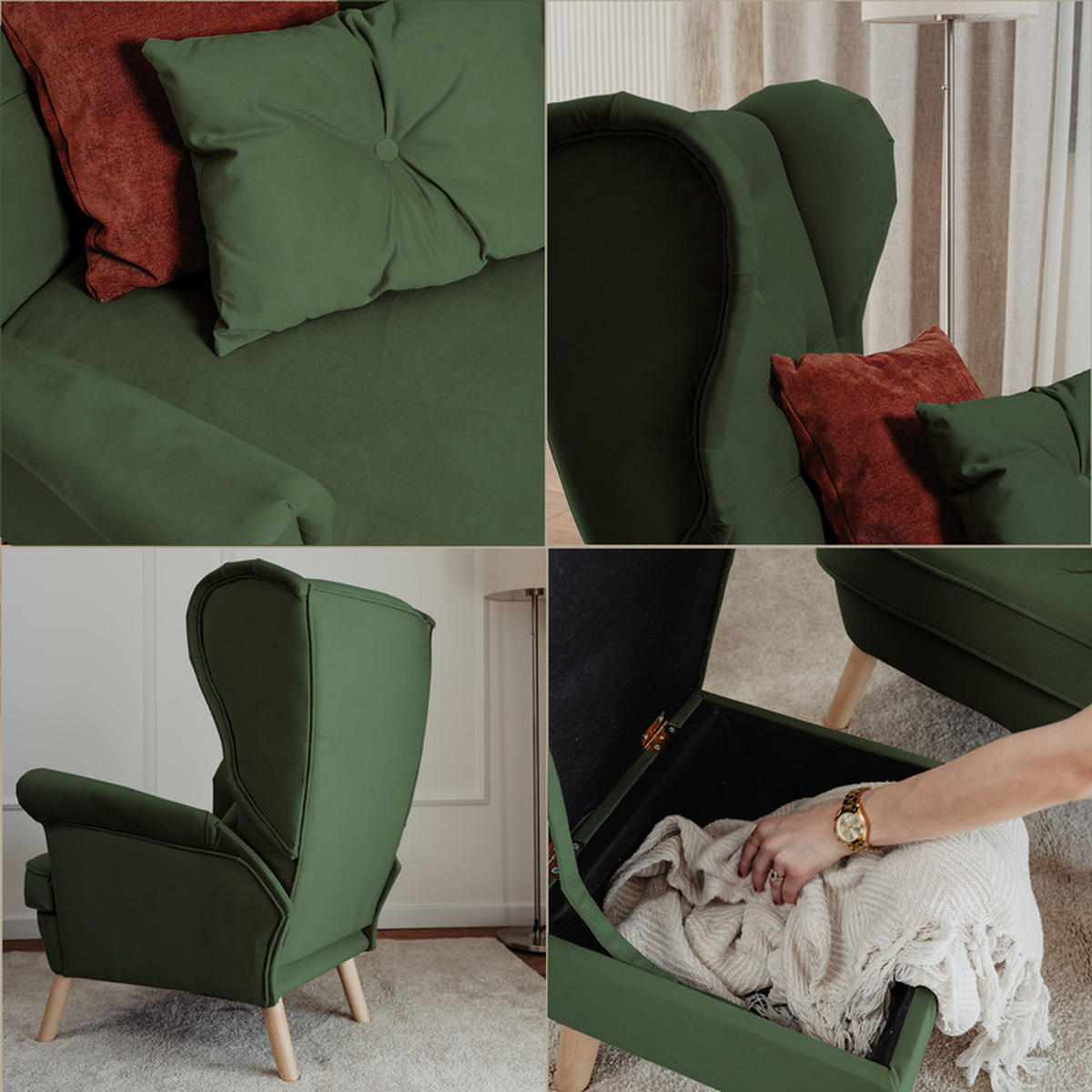 SESSEL mit Fußhocker Classic - Grün, Holz (92/107/80cm) - Idohome