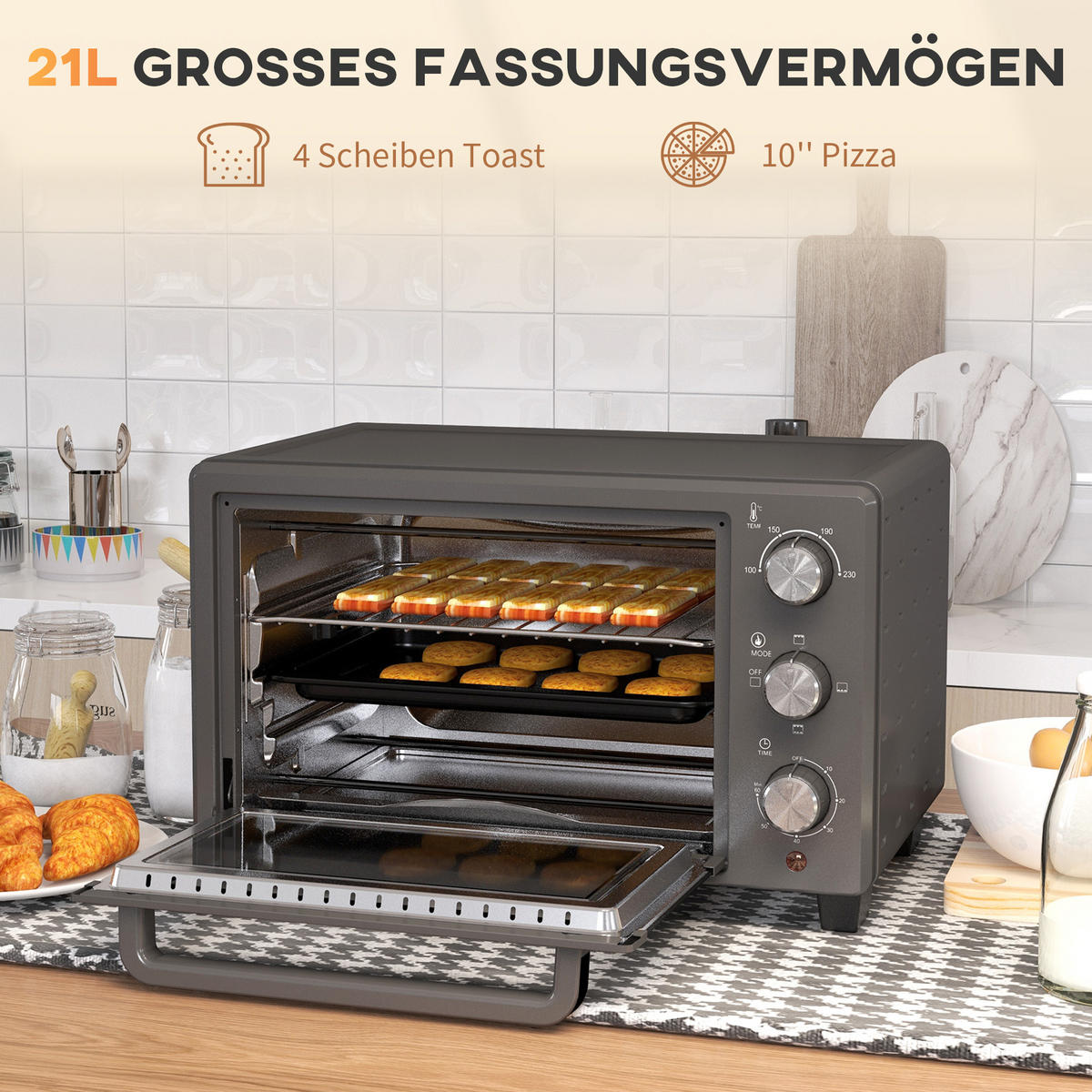 MINIBACKOFEN 21L 1400W Mini Ofen mit Backblech & Grillrost, 60 Min. Timer, Temperatur 100-230°C, Edelstahl, Grau - Grau, Metall (46/28.5/38cm) - Beaface