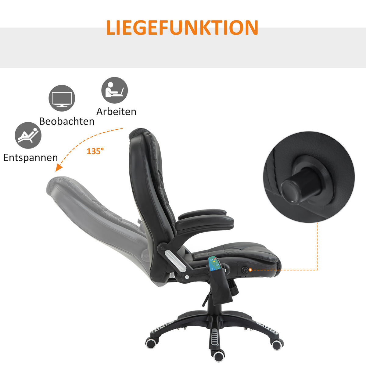 MASSAGESESSEL Bürostuhl Drehstuhl mit Wärmefunktion Chefsessel Bürosessel - Schwarz, Kunststoff (70/121/70cm) - HOMCOM
