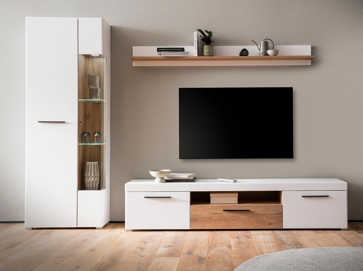 WOHNWAND weiß matt, Evoke Eiche, Wohnkombination 3-teilig, Soft-Close-Funktion - Eichefarben/Silberfarben, Glas/Holz (287/200/45cm) - Furn.Design