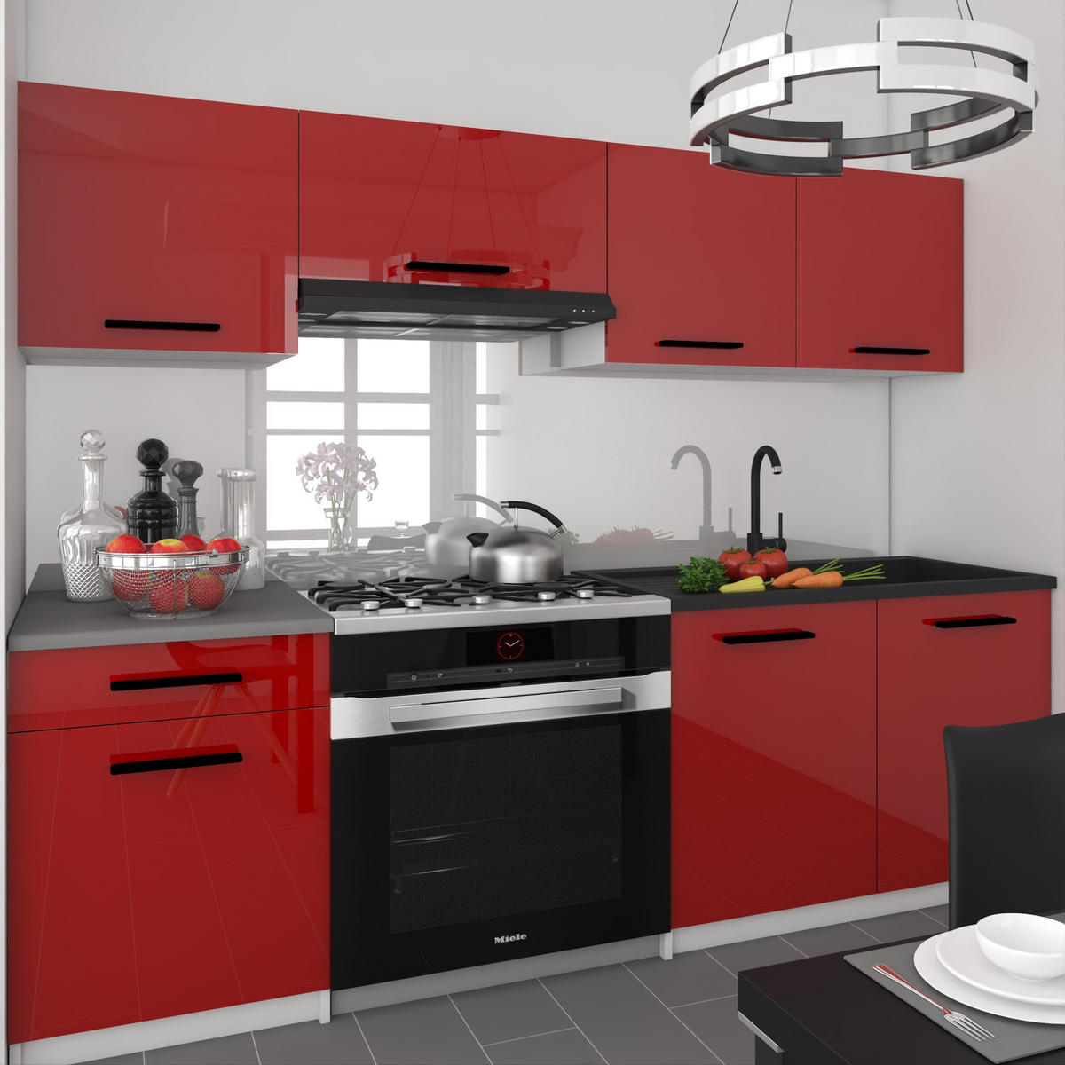 KÜCHENZEILE Italia 1 180 cm, mit Arbeitsplatten, Rot - Rot, Holz (180/143/60cm) - B BELINI GROUP