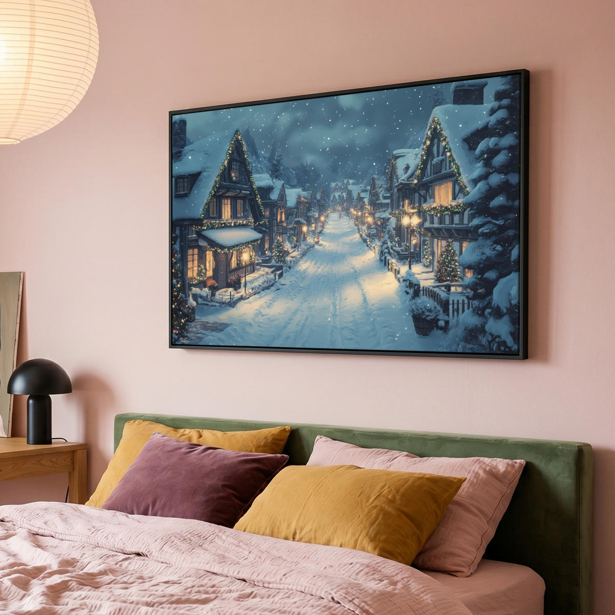 LEINWAND Bilder mit Rahmen - Weihnachtsdorf - Weihnachten - Schnee - Winter - 120x80 - Dunkelblau, Textil (120/80cm) - MuchoWow