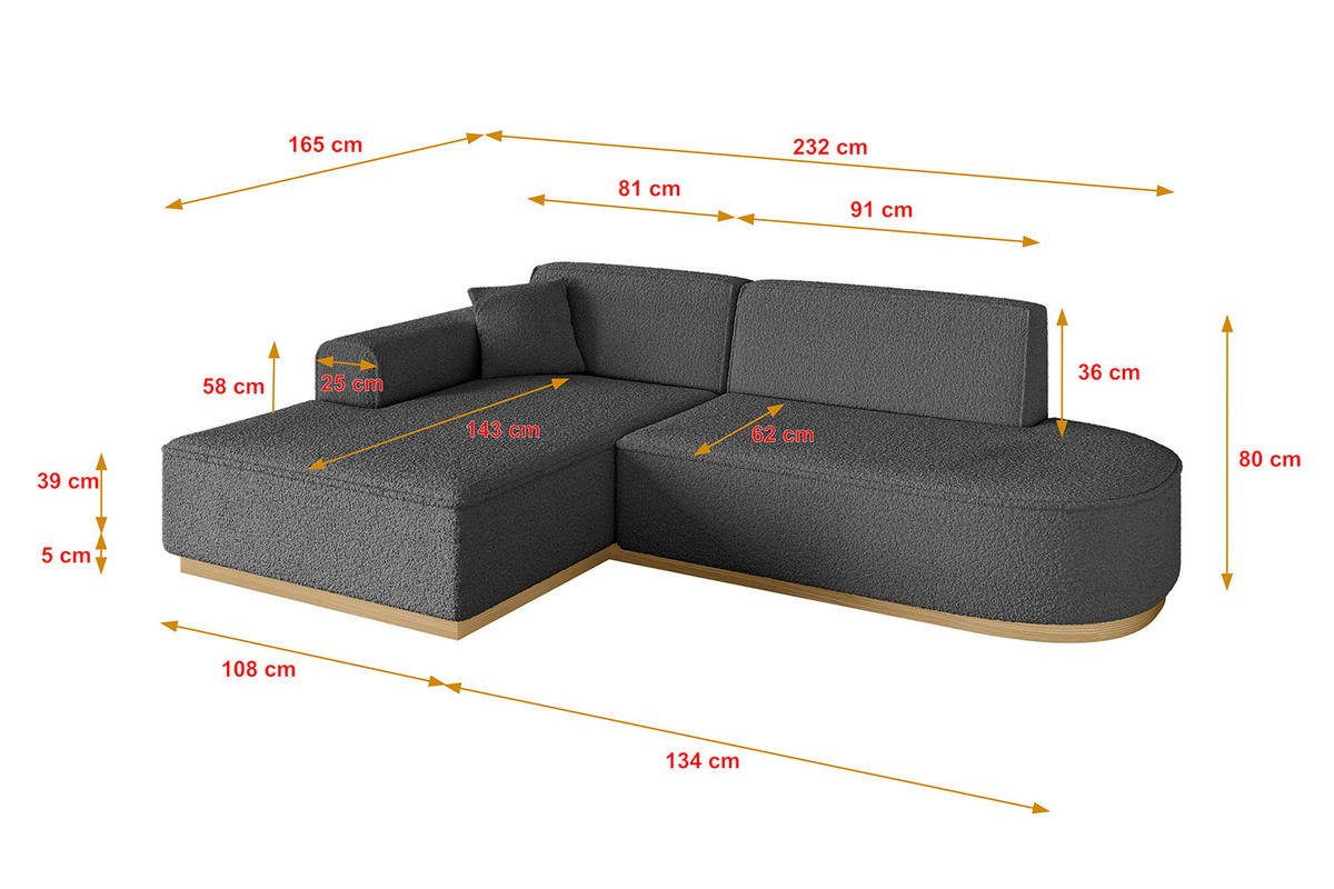ECKSOFA Ottomane Links IREA-L1-v2 - 232x165x80 cm Grau - Olivgrün, Holzwerkstoff/Textil (232/165cm) - ALTDECOR