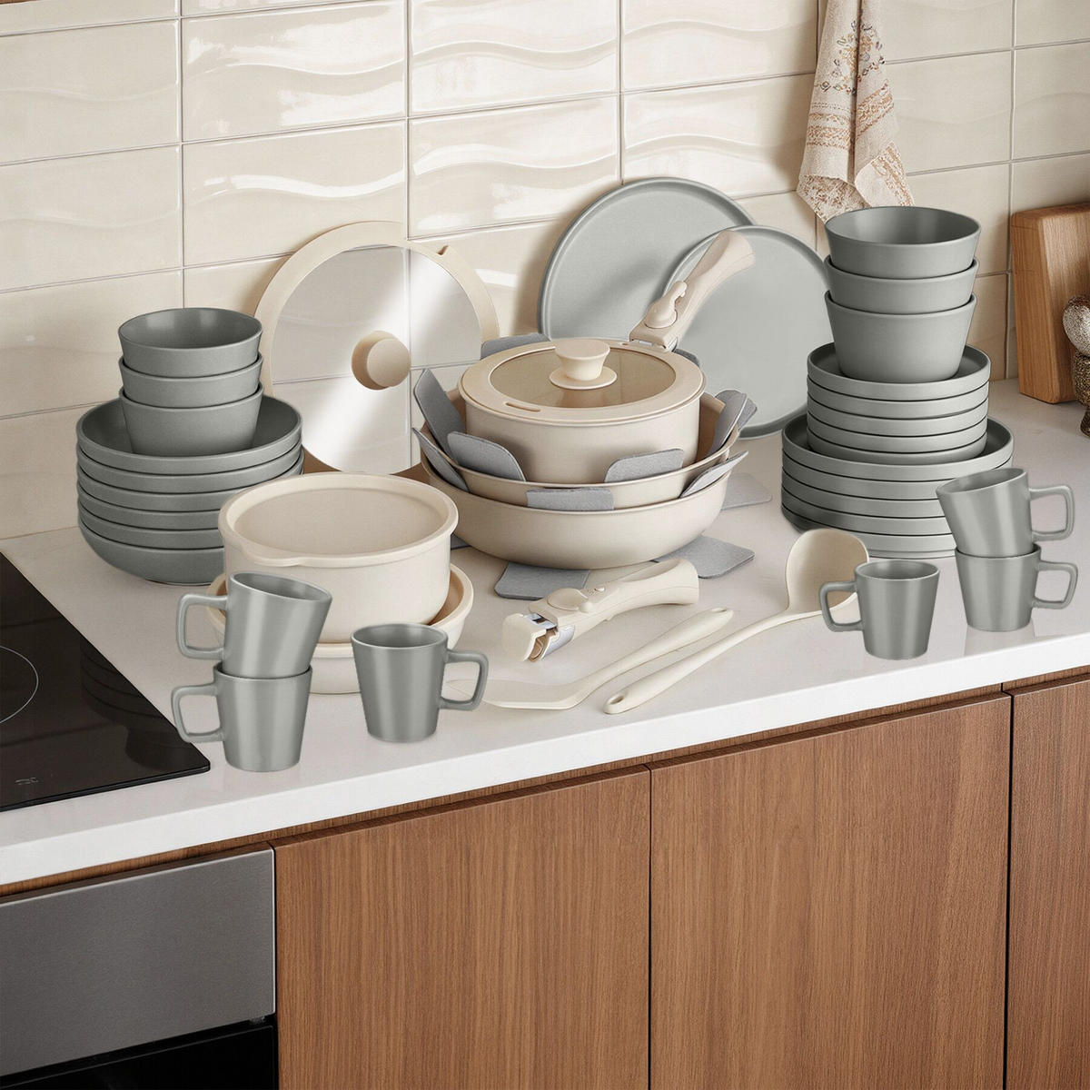 KÜCHENSTARTERSET 46er Set Una/Genua, inklusive Küchenwerkzeugen, Topfschonern und anklemmbaren Griffen, grau/weiß - Weiß/Grau, Keramik (27.5/13/44cm) - tectake