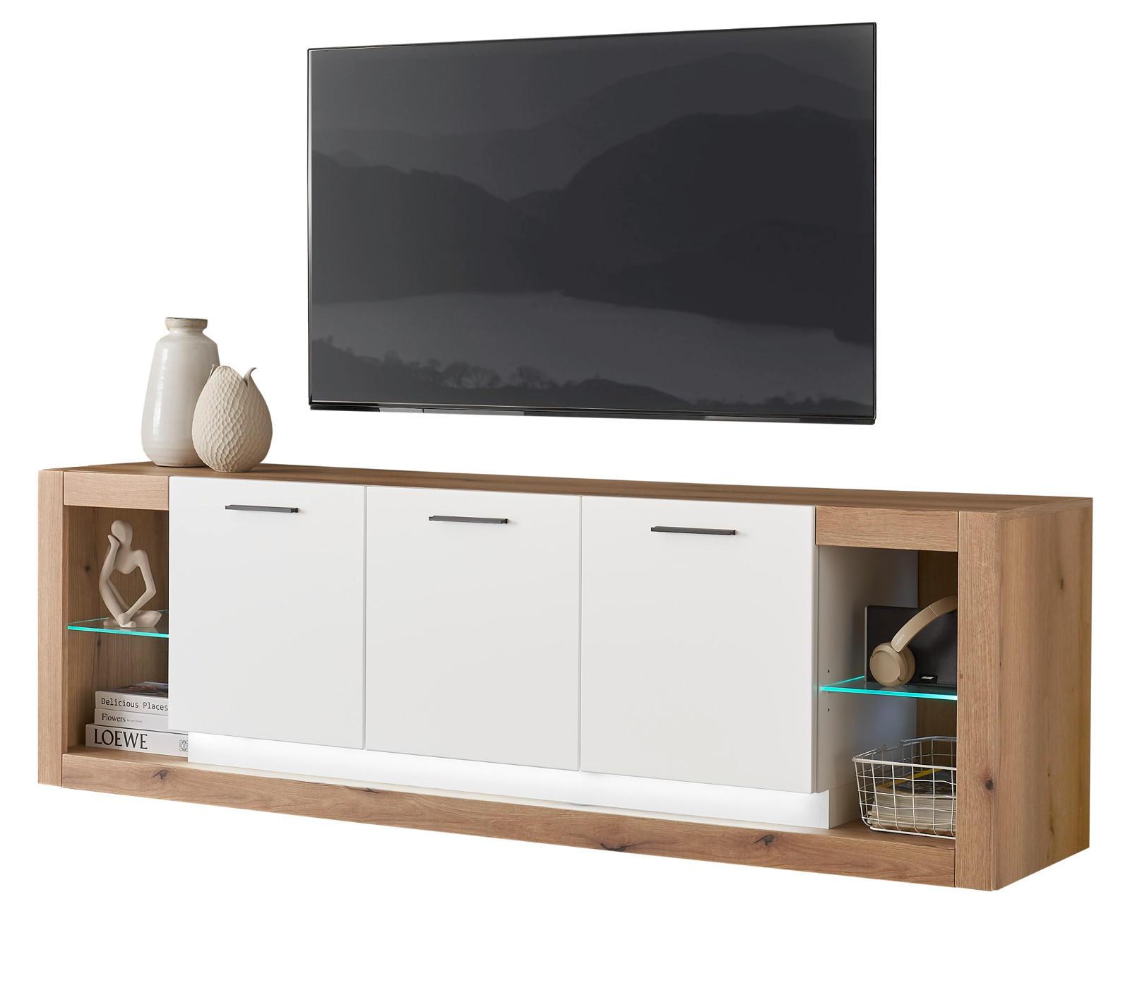 TV-LOWBOARD weiß matt, Evoke Eiche, TV Unterteil Komforthöhe XL-Board - Eichefarben/Silberfarben, Glas/Holzwerkstoff (198/61/43cm) - Furn.Design