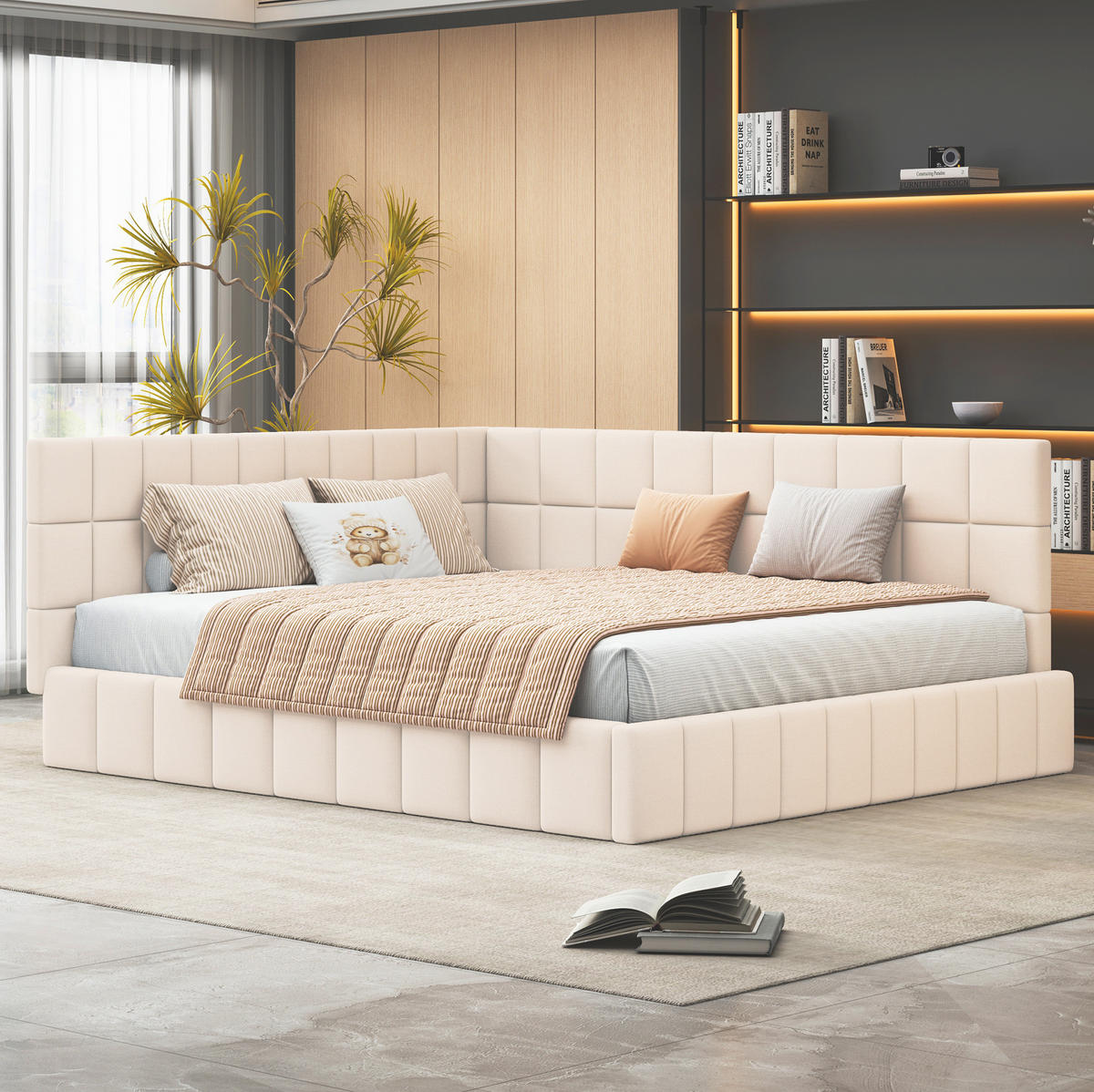 ČALÚNENÁ posteľ z textilu 160x200 cm béžová s lamelovým roštom, obojstranným čelom a nosnosťou 250 kg - béžová, textil (160/200cm) - Modfu