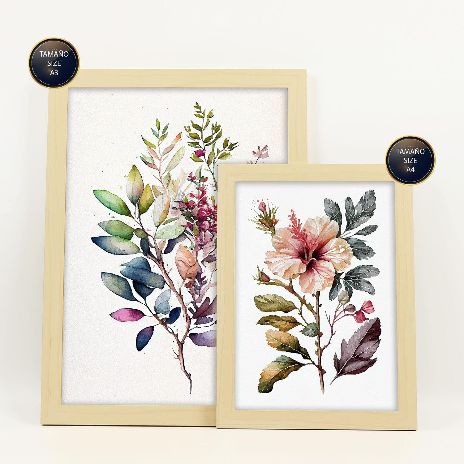 POSTER Set Mit 6 Landblumen Vollfarbige Natur Und Botanikdrucke Mit Blumenmotiven Auf Reinweißen Hintergründen A3 & A4 Rahmen Aus Hellem Holz - Beige, Papier (29/3cm) - Nacnic