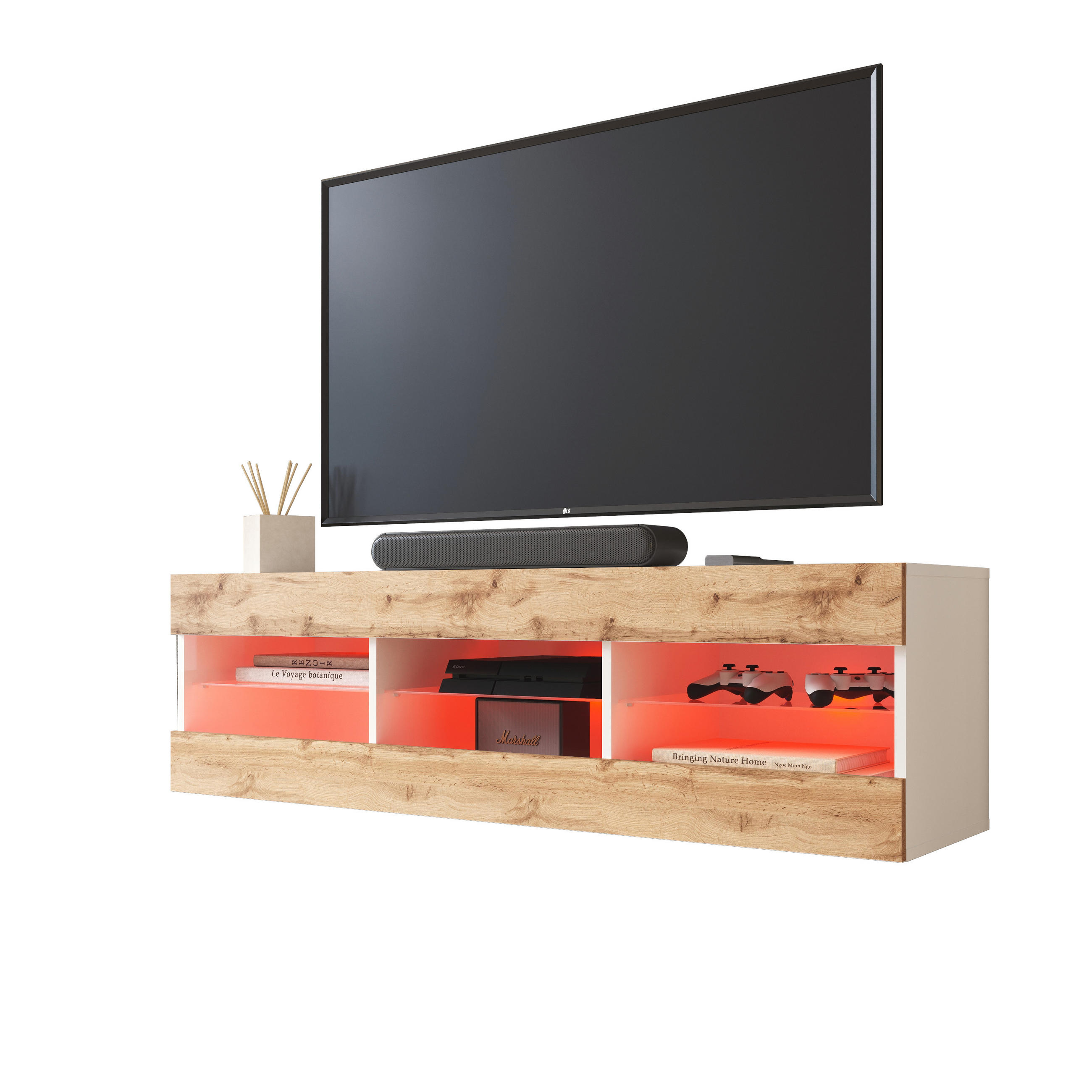 LOWBOARD TIVOLI RTV 140, Wotan, LED Mehrfarbige - Eiche Wotan/Weiß, Glas/Holzwerkstoff (140/40.5/35.5cm) - Komodee