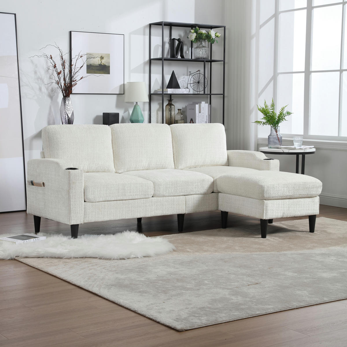 SITZGARNITUR 4-Sitzer Chenille Beige mit Hocker, Stauraum, Getränkehaltern und Seitentaschen - Beige, Holzwerkstoff/Kunststoff (196.5/77/75cm) - WISHDOR