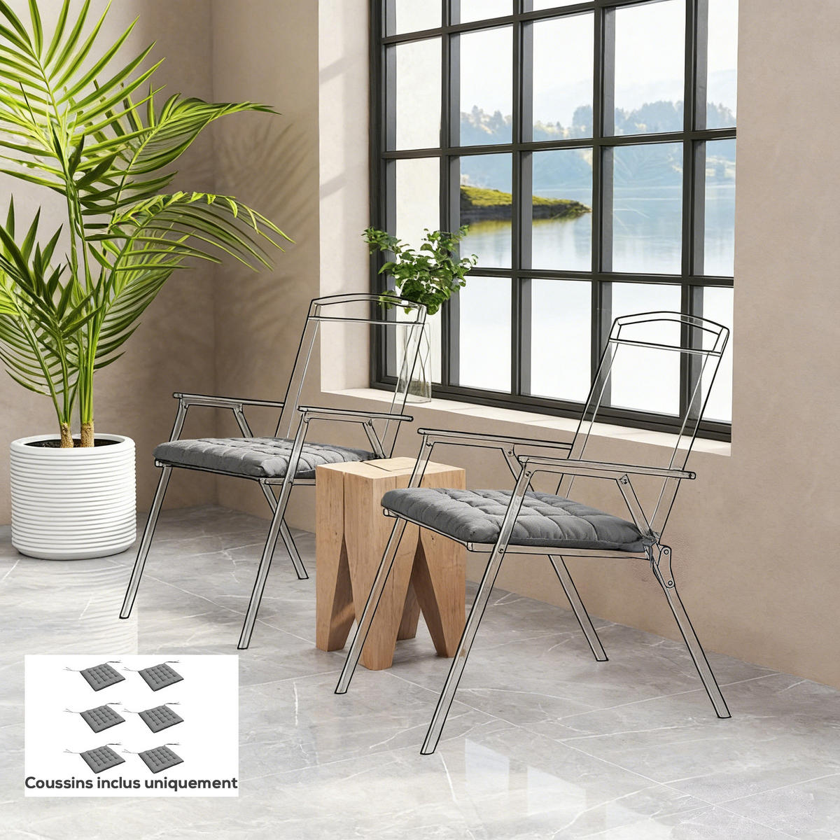 SITZKISSEN DE-17704 6er-Set mit Steppung & Bindebändern Grau - Grau, Textil (40/40/4cm) - ComfortXL