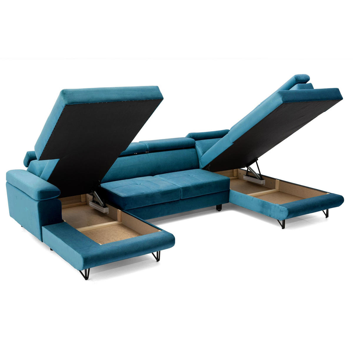 ECKSOFA U-Form JUNIOR U Rechts mit Schlaffunktion 128x254 Velours Smaragdgrün - Smaragdgrün/Schwarz, Holz/Textil (184/90/323cm) - Muffo