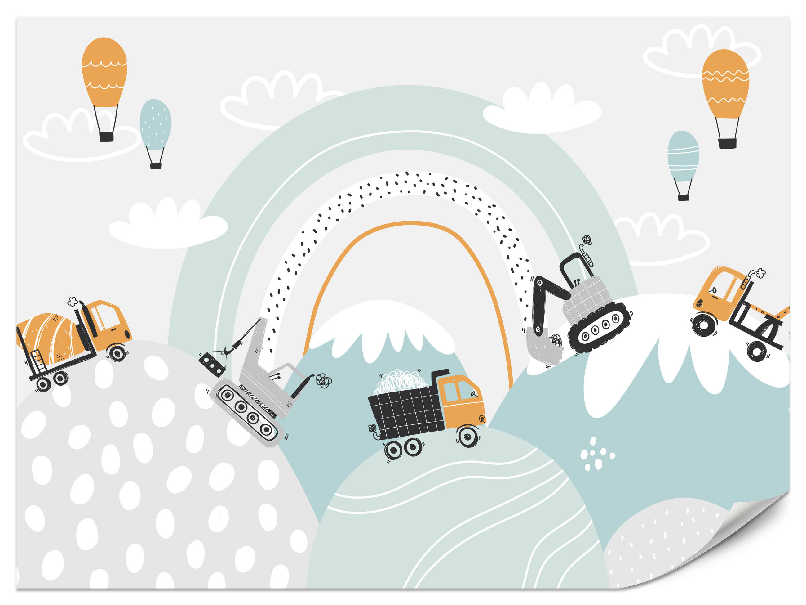 FOTOTAPETE für Kinderzimmer Baumaschinen Regenbogen Hügel Wolken 300x210 - Blau/Schwarz, Papier (300/210cm) - Muralo