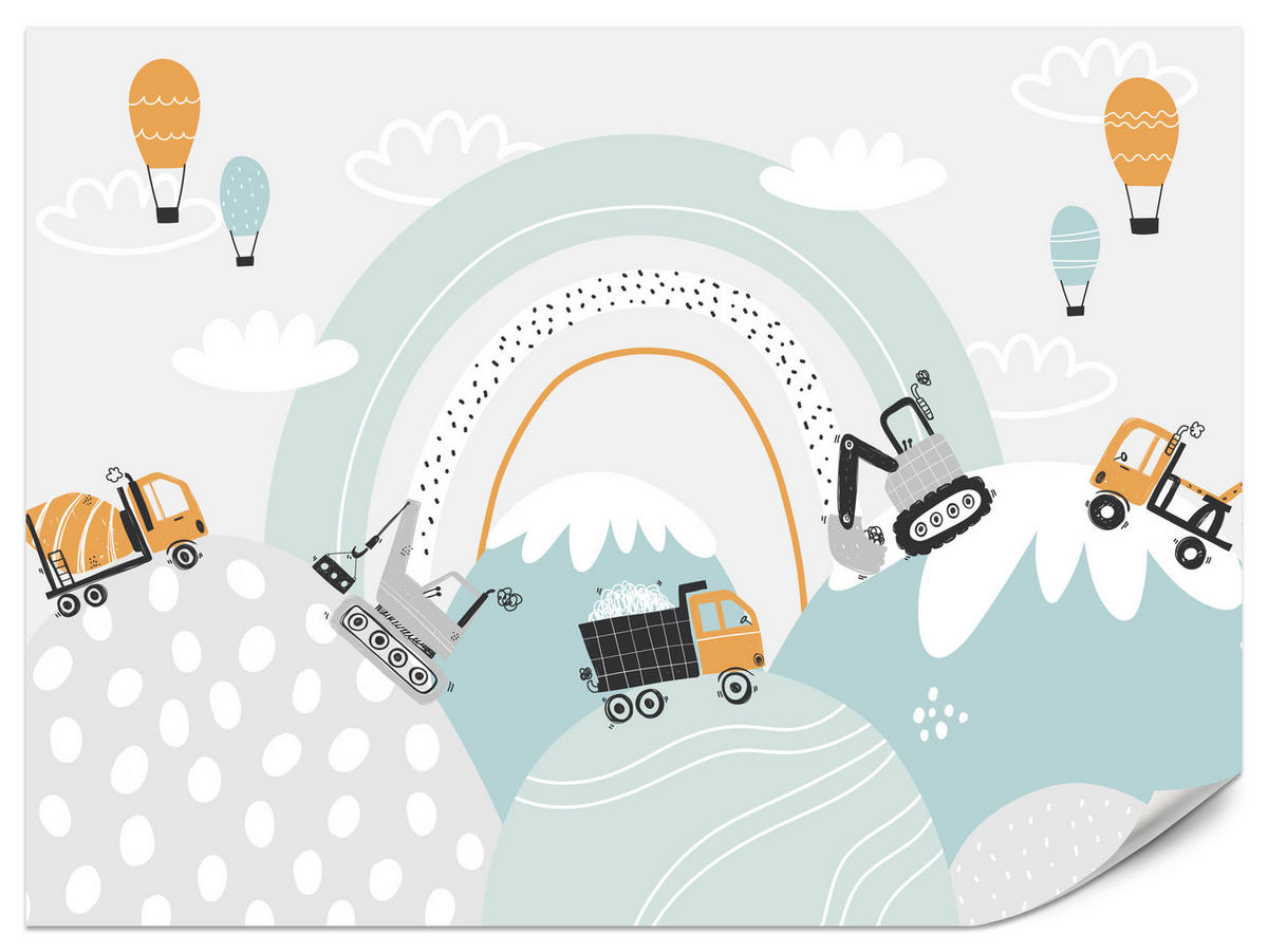 FOTOTAPETE für Kinderzimmer Baumaschinen Regenbogen Hügel Wolken 300x210 - Blau/Schwarz, Papier (300/210cm) - Muralo