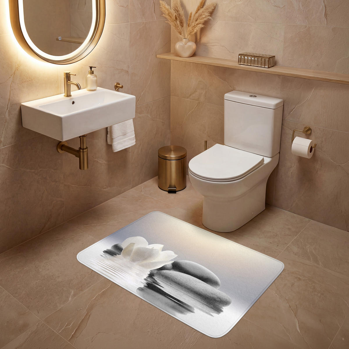 WC PŘEDLOŽKA Kameny - Lotos - Bílý - Voda - Zen 90x60 cm - bílá, textil/plast (90/1cm) - OnlyWow