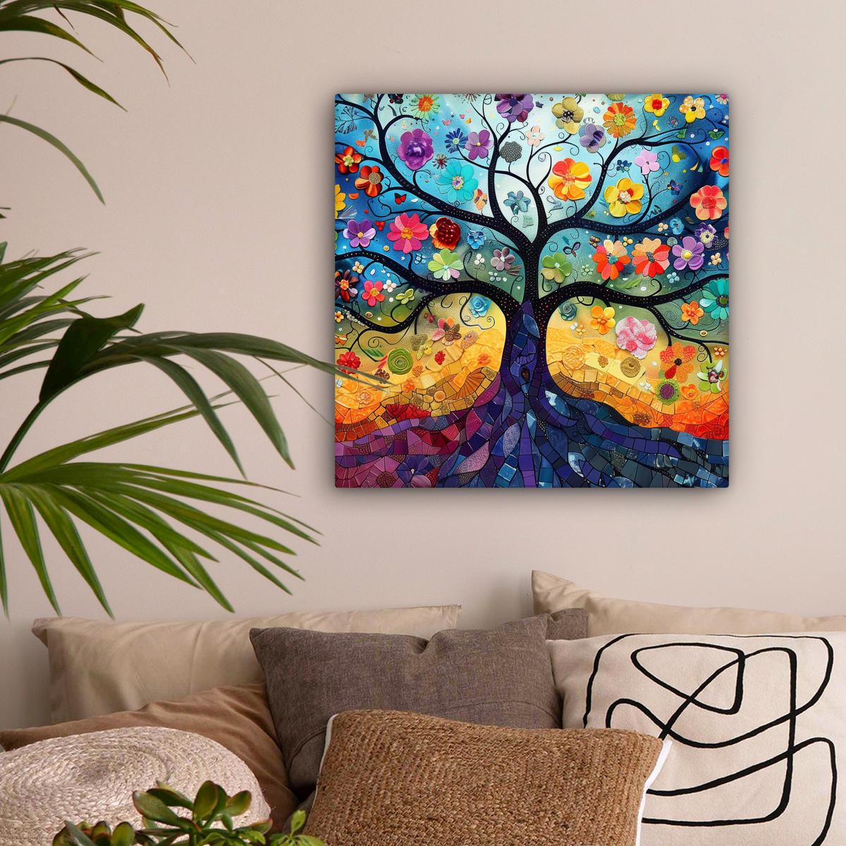 LEINWANDBILD Kunst - Baum des Lebens - Blumen - Hippie Wandbild Wohnzimmer 50x50 cm - Dunkelblau, Textil (50/50cm) - MuchoWow