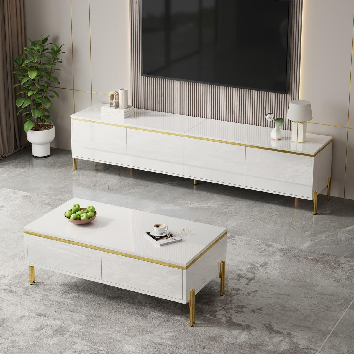 TV- & COUCHTISCH-SET Hochglanz Goldkante Stauraum modern Luxus - Weiß, Holzwerkstoff (38/50/170cm) - FLIEKS
