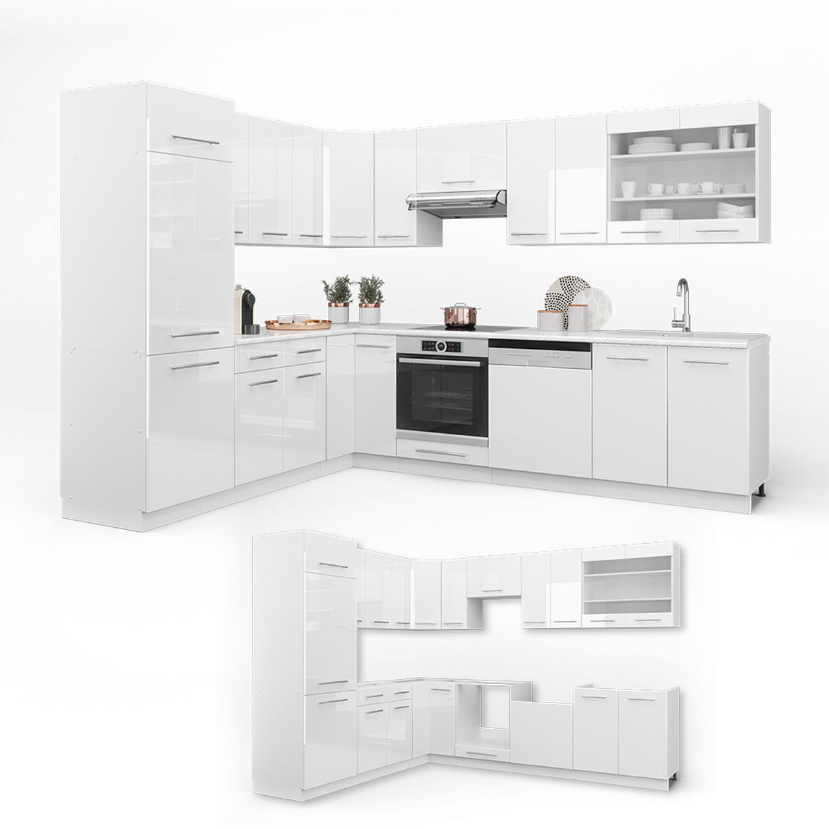 ECKKÜCHE Fame-Line Weiß 227 x 60 cm ohne AP - Weiß Hochglanz/Weiß, Holzwerkstoff (287/81.6/46cm) - Vicco